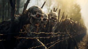 halloween, scary, zombie, undead, horror, fence, field, apocalypse, virus, war, spooky, ai generated